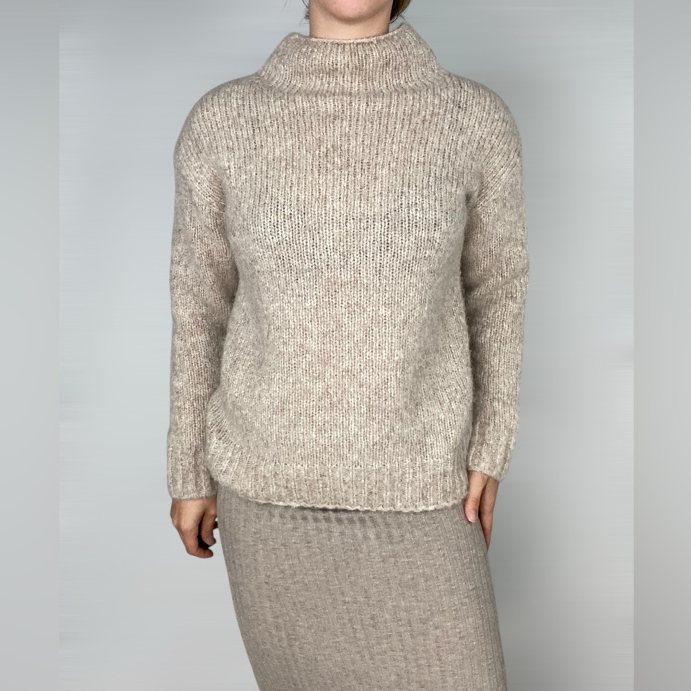 SWEATY BETTY Brushed Boucle Alpaca Mohair Blend Sweater Funnel Neck Pebble Beige